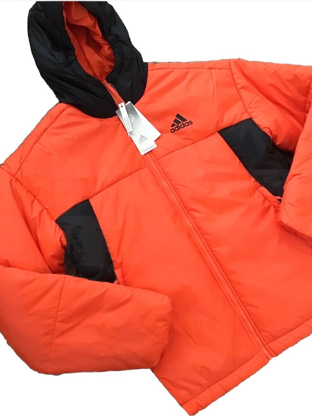 NEW! adidas men’s Bright Orange Puffer Jacket with Black Hood